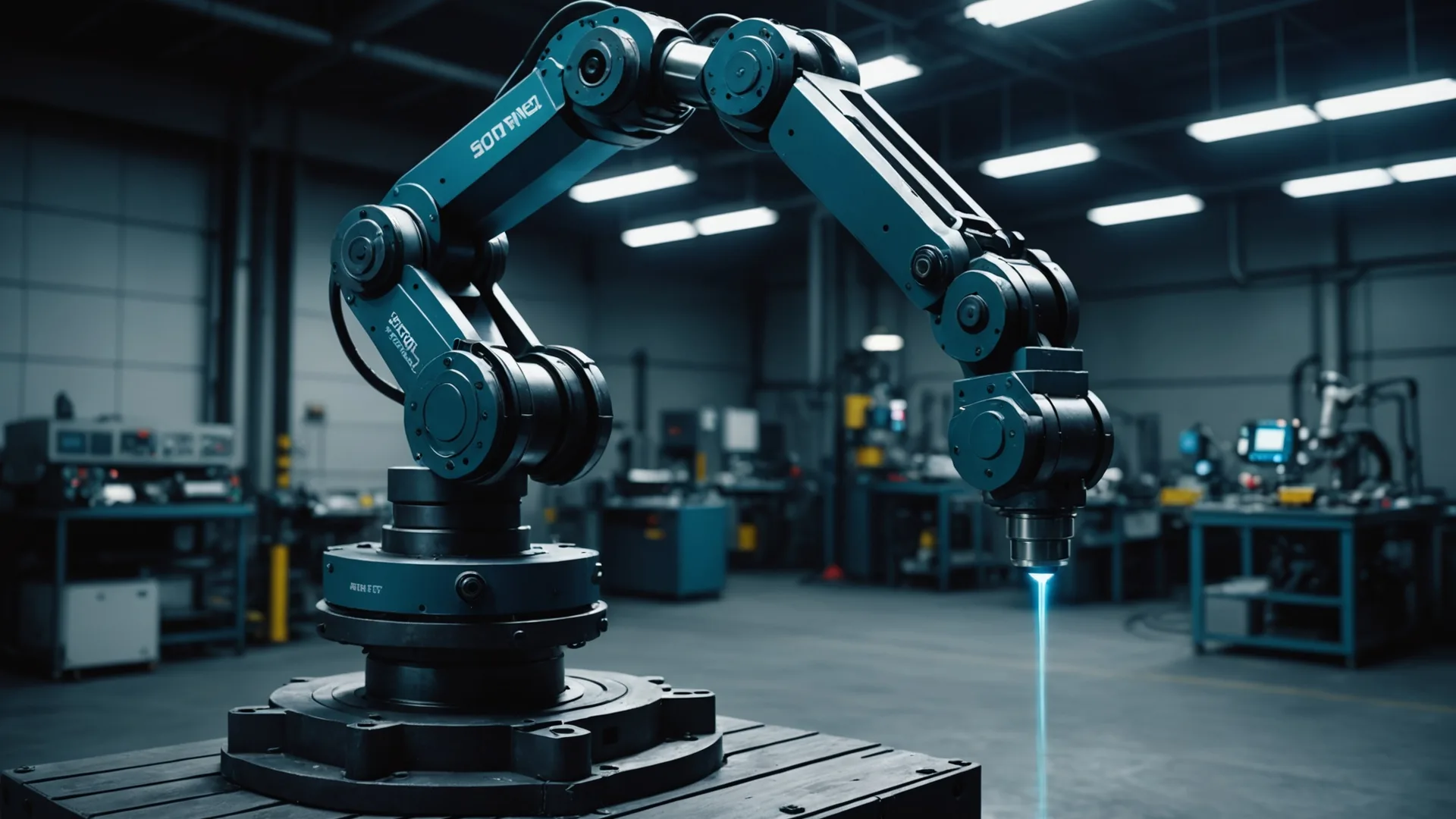 Factory robot arm in an industrial cell